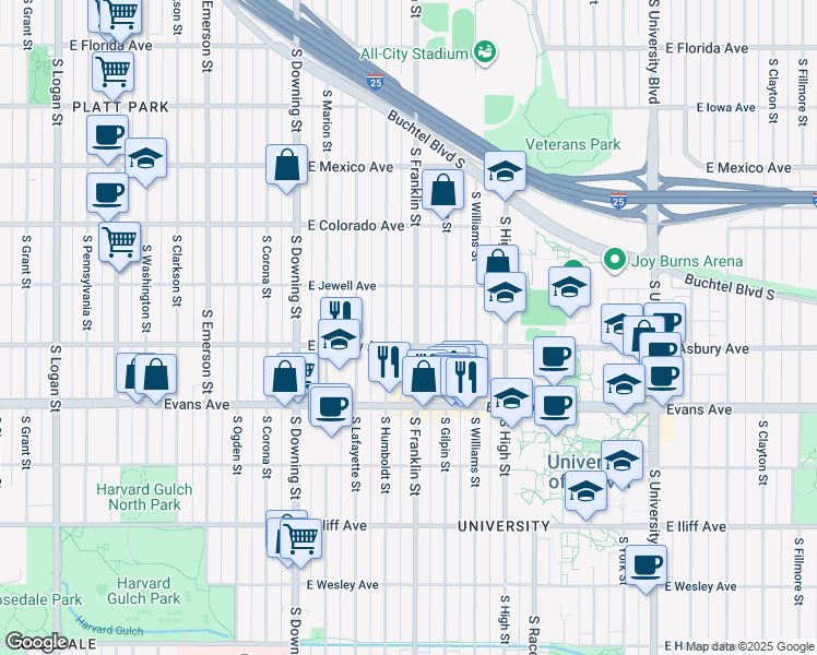 map of restaurants, bars, coffee shops, grocery stores, and more near 1969 South Franklin Street in Denver