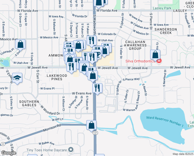 map of restaurants, bars, coffee shops, grocery stores, and more near 1975 South Webster Street in Lakewood