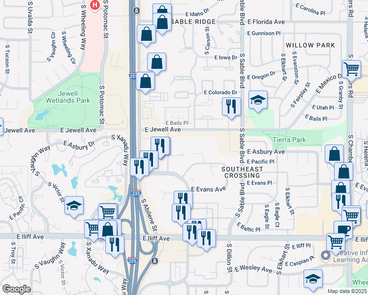 map of restaurants, bars, coffee shops, grocery stores, and more near 14190 East Jewell Avenue in Aurora