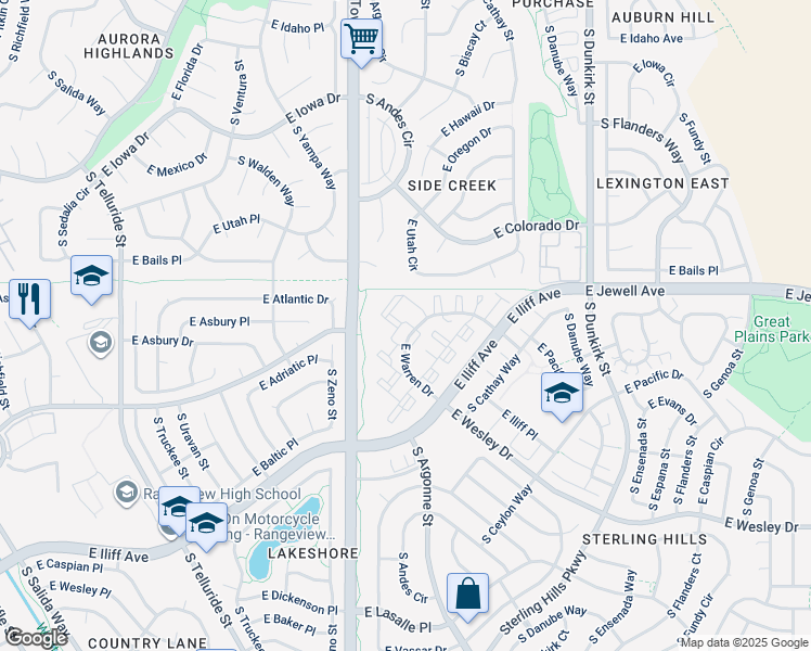 map of restaurants, bars, coffee shops, grocery stores, and more near 18 East Warren Circle in Aurora