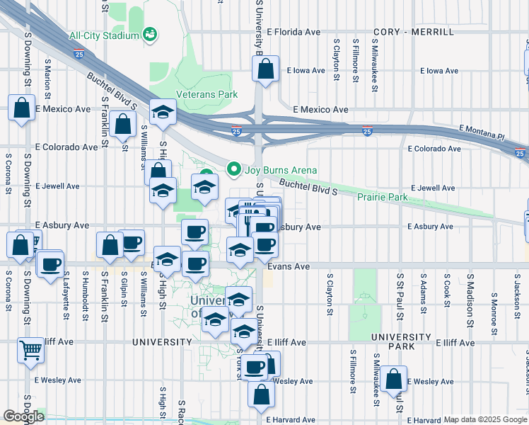 map of restaurants, bars, coffee shops, grocery stores, and more near 1919 South University Boulevard in Denver