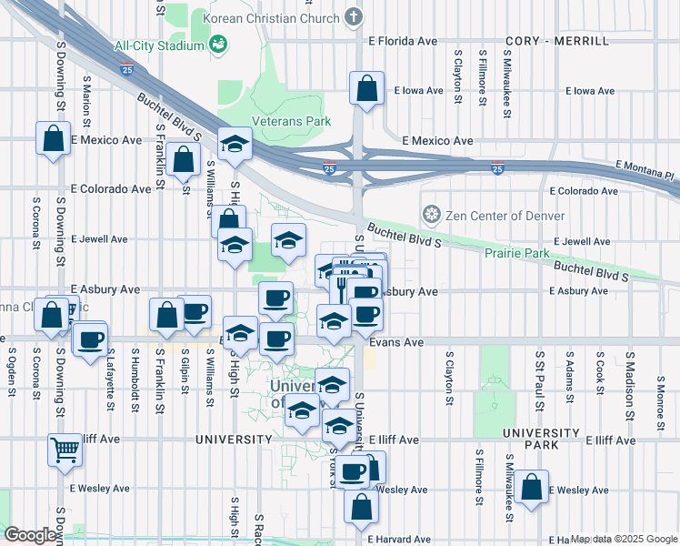 map of restaurants, bars, coffee shops, grocery stores, and more near 1945 South York Street in Denver