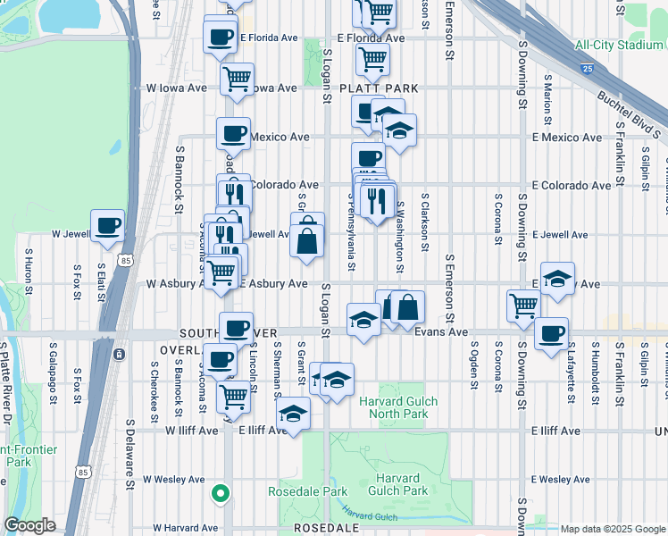 map of restaurants, bars, coffee shops, grocery stores, and more near 1961 South Pennsylvania Street in Denver