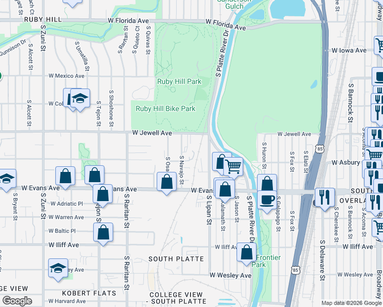 map of restaurants, bars, coffee shops, grocery stores, and more near 1901 Mariposa Street in Denver