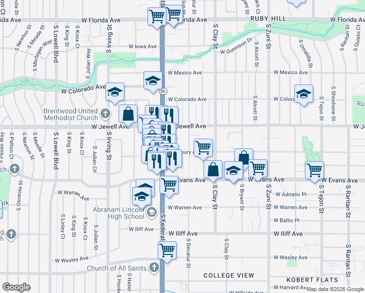 map of restaurants, bars, coffee shops, grocery stores, and more near 1975 South Decatur Street in Denver