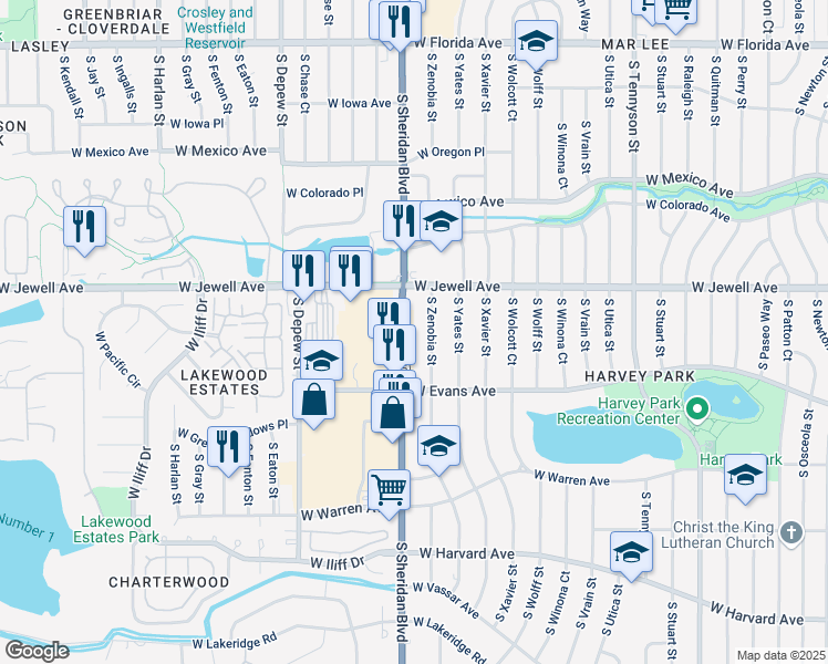 map of restaurants, bars, coffee shops, grocery stores, and more near 1989 South Zenobia Street in Denver