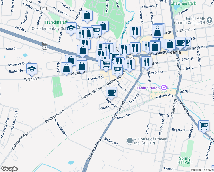 map of restaurants, bars, coffee shops, grocery stores, and more near 305-325 Bellbrook Avenue in Xenia