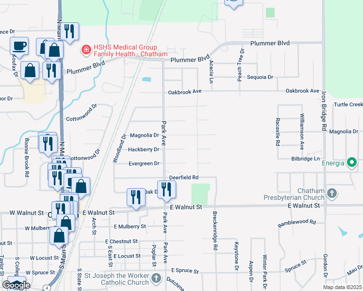 map of restaurants, bars, coffee shops, grocery stores, and more near 831 Hackberry Drive in Chatham