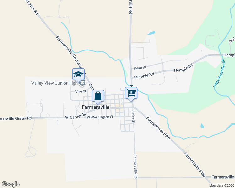 map of restaurants, bars, coffee shops, grocery stores, and more near 101 North Main Street in Farmersville