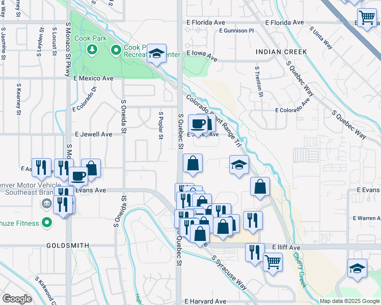 map of restaurants, bars, coffee shops, grocery stores, and more near 1980 South Quebec Street in Denver