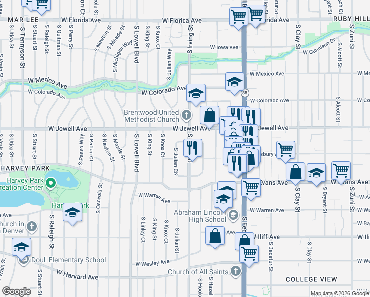 map of restaurants, bars, coffee shops, grocery stores, and more near 1955 South Irving Street in Denver