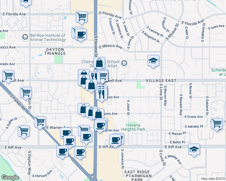 map of restaurants, bars, coffee shops, grocery stores, and more near 10701 East Asbury Avenue in Aurora