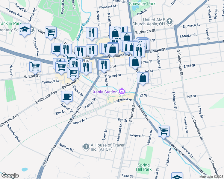 map of restaurants, bars, coffee shops, grocery stores, and more near 100-199 Railroad Street in Xenia