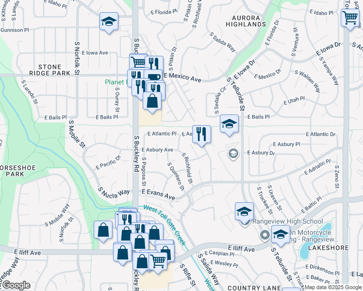 map of restaurants, bars, coffee shops, grocery stores, and more near 17318 East Asbury Circle in Aurora