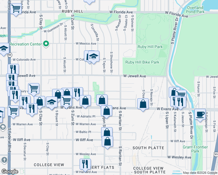 map of restaurants, bars, coffee shops, grocery stores, and more near 1974 South Tejon Street in Denver