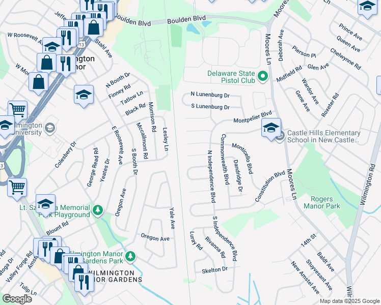 map of restaurants, bars, coffee shops, grocery stores, and more near 22 Fluvanna Court in New Castle