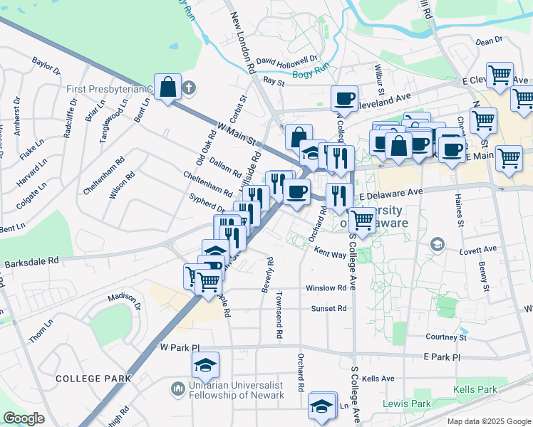 map of restaurants, bars, coffee shops, grocery stores, and more near 100 Delaware 896 in Newark