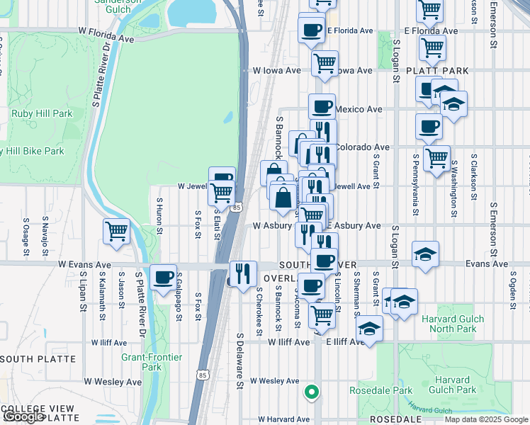 map of restaurants, bars, coffee shops, grocery stores, and more near 1960 South Cherokee Street in Denver