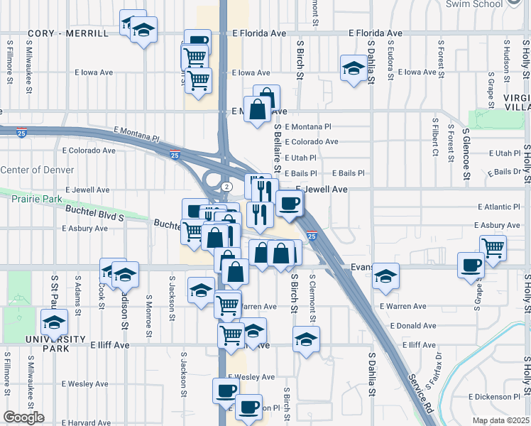 map of restaurants, bars, coffee shops, grocery stores, and more near in Denver