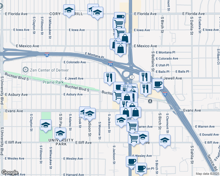 map of restaurants, bars, coffee shops, grocery stores, and more near 3700 East Jewell Avenue in Denver