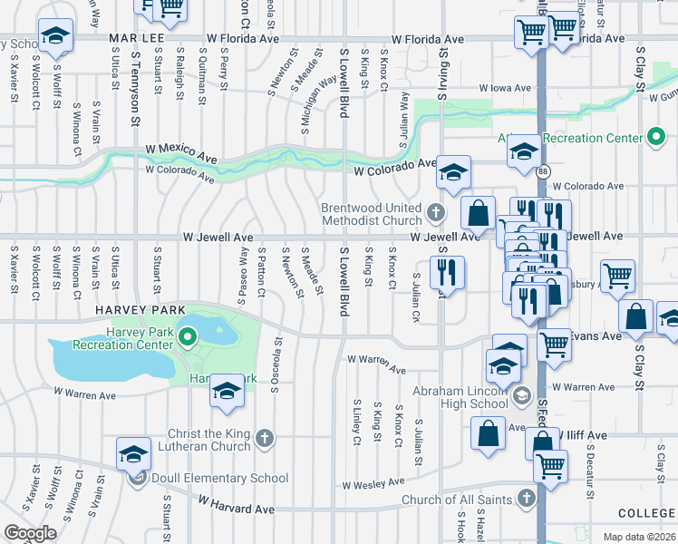 map of restaurants, bars, coffee shops, grocery stores, and more near 1971 South Lowell Boulevard in Denver