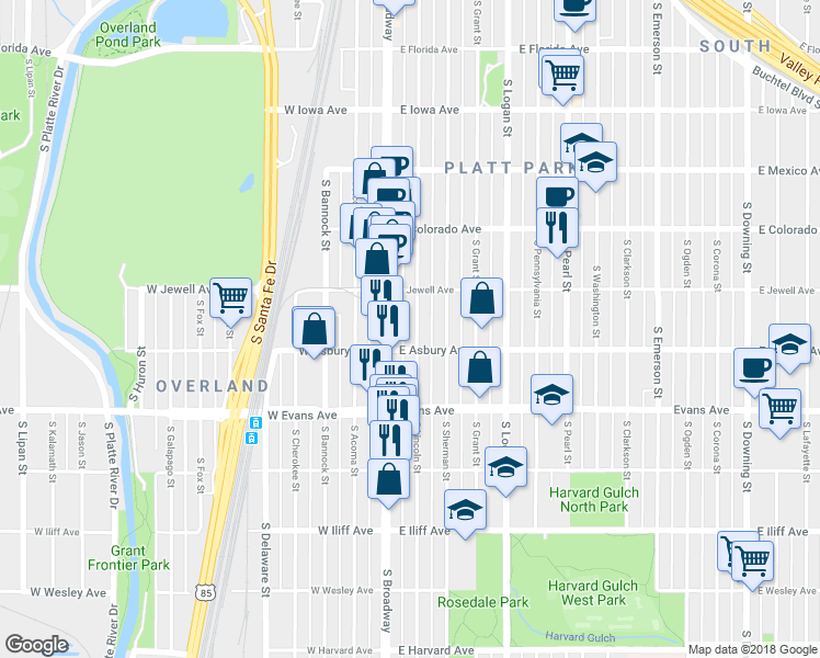 map of restaurants, bars, coffee shops, grocery stores, and more near 1967 South Lincoln Street in Denver