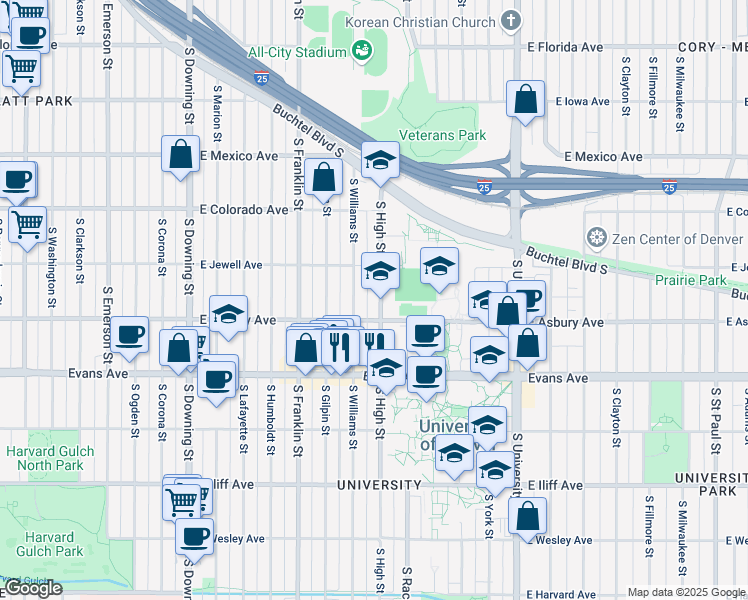 map of restaurants, bars, coffee shops, grocery stores, and more near 1957 South High Street in Denver