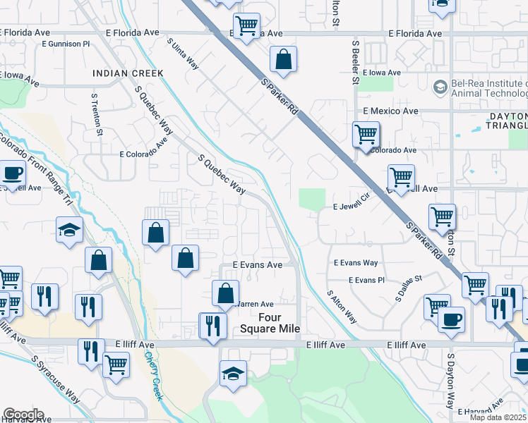 map of restaurants, bars, coffee shops, grocery stores, and more near 1959 South Xenia Way in Denver