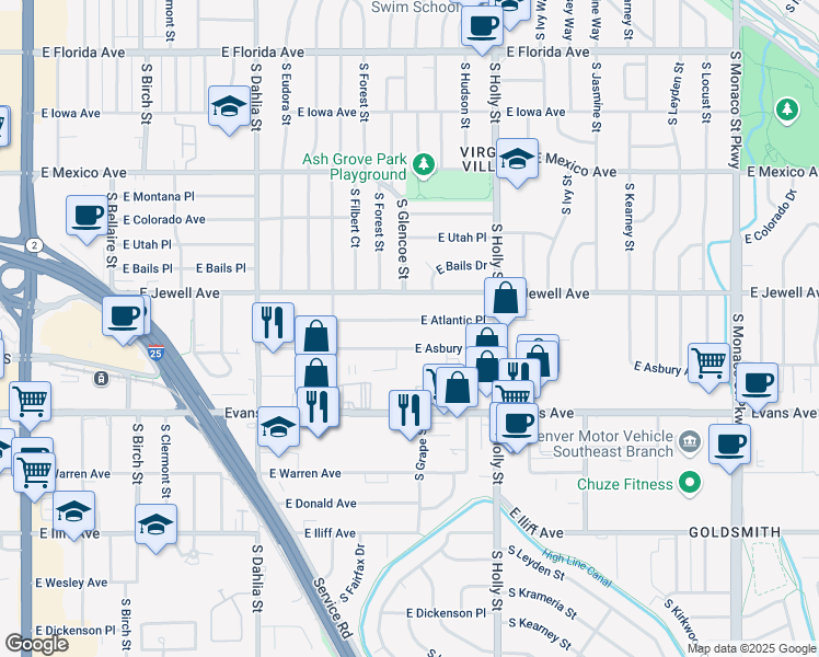 map of restaurants, bars, coffee shops, grocery stores, and more near 5366 East Atlantic Place in Denver