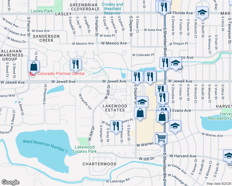 map of restaurants, bars, coffee shops, grocery stores, and more near 5842 West Atlantic Place in Lakewood