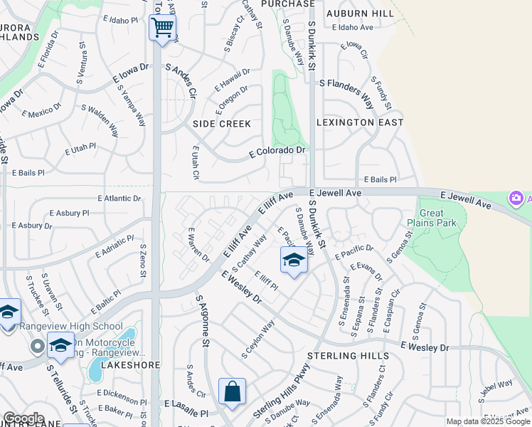 map of restaurants, bars, coffee shops, grocery stores, and more near 1951 South Cathay Way in Aurora