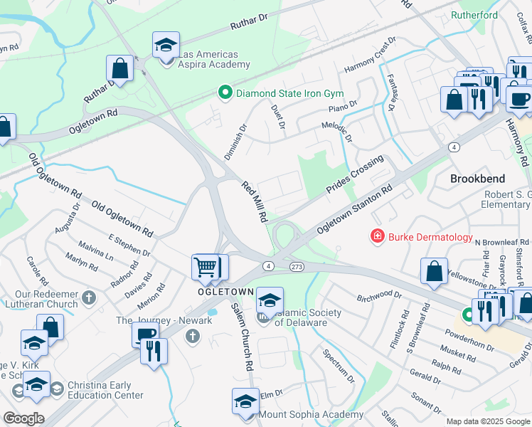 map of restaurants, bars, coffee shops, grocery stores, and more near 11 Sussex Road in Newark