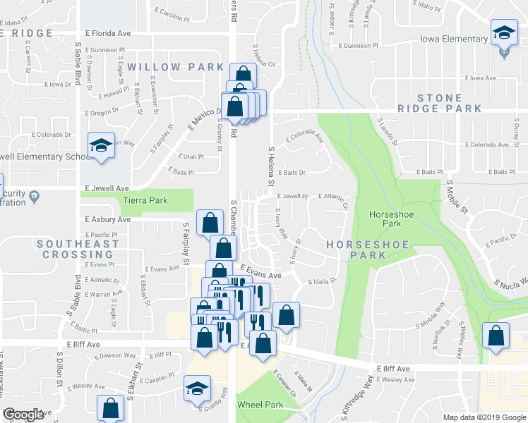 map of restaurants, bars, coffee shops, grocery stores, and more near 1930 South Helena Street in Aurora