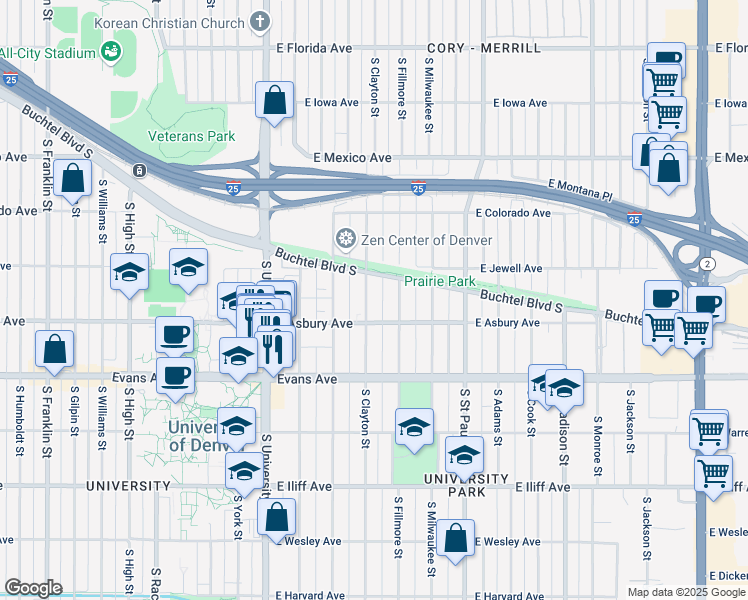 map of restaurants, bars, coffee shops, grocery stores, and more near 1940 South Clayton Street in Denver