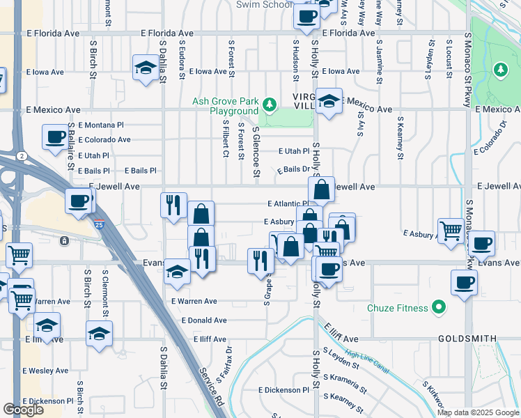 map of restaurants, bars, coffee shops, grocery stores, and more near 5366 East Atlantic Place in Denver