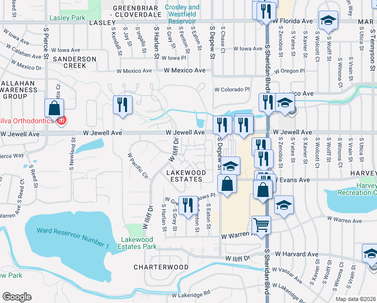 map of restaurants, bars, coffee shops, grocery stores, and more near 5842 West Atlantic Place in Lakewood