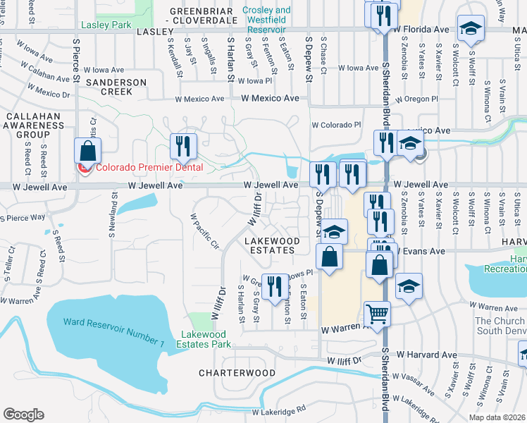 map of restaurants, bars, coffee shops, grocery stores, and more near 5842 West Atlantic Place in Lakewood