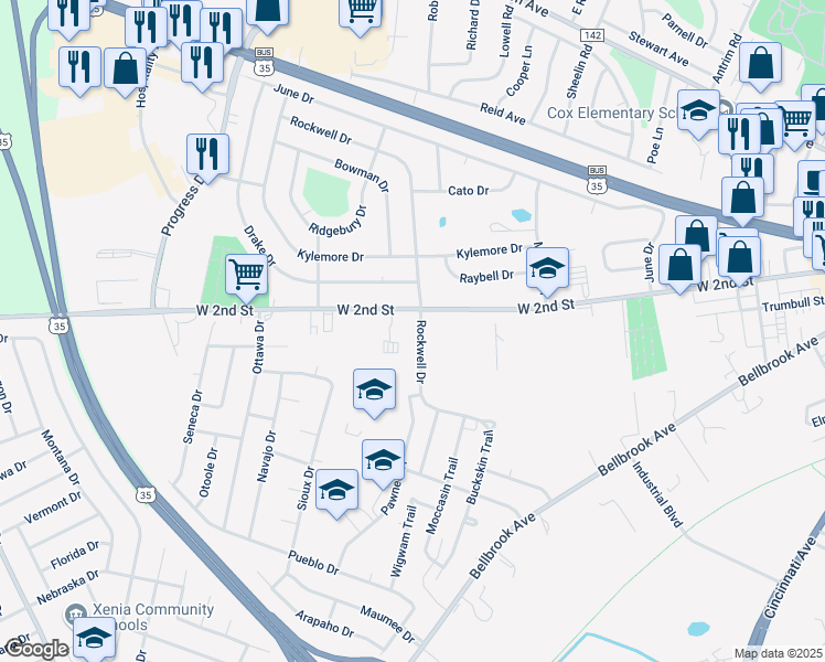 map of restaurants, bars, coffee shops, grocery stores, and more near 1176 Rockwell Drive in Xenia