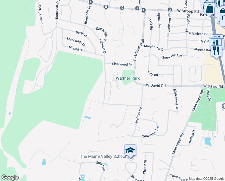 map of restaurants, bars, coffee shops, grocery stores, and more near 4518 Troon Trail in Dayton