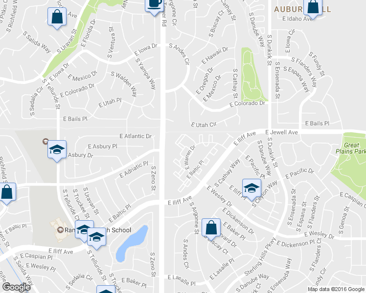 map of restaurants, bars, coffee shops, grocery stores, and more near 18 East Warren Circle in Aurora