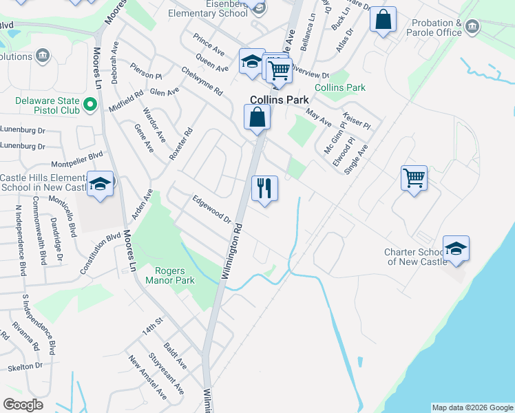 map of restaurants, bars, coffee shops, grocery stores, and more near 13 William Penn Square in New Castle