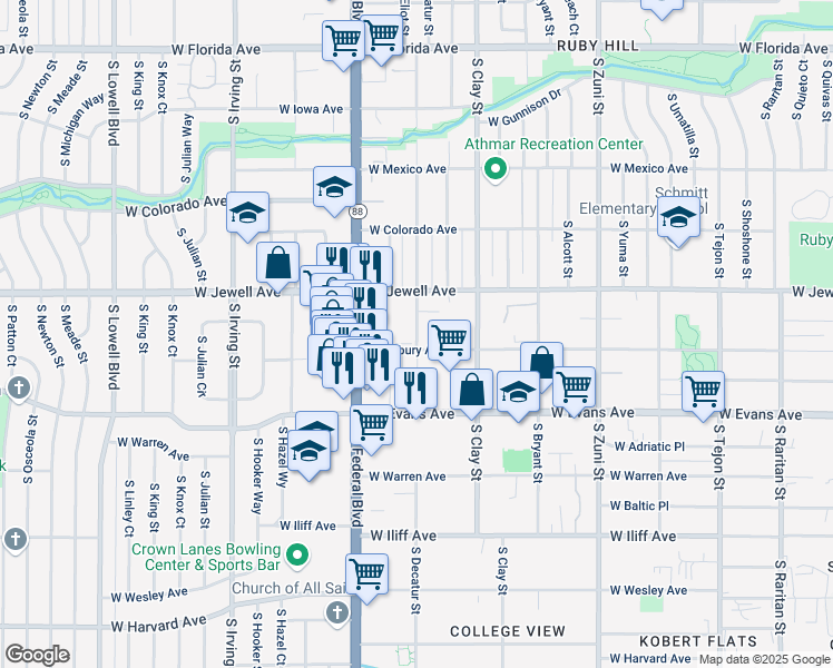 map of restaurants, bars, coffee shops, grocery stores, and more near 1970 South Decatur Street in Denver