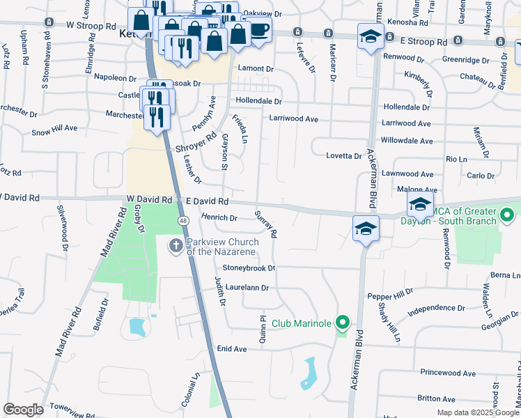 map of restaurants, bars, coffee shops, grocery stores, and more near 600 East David Road in Dayton