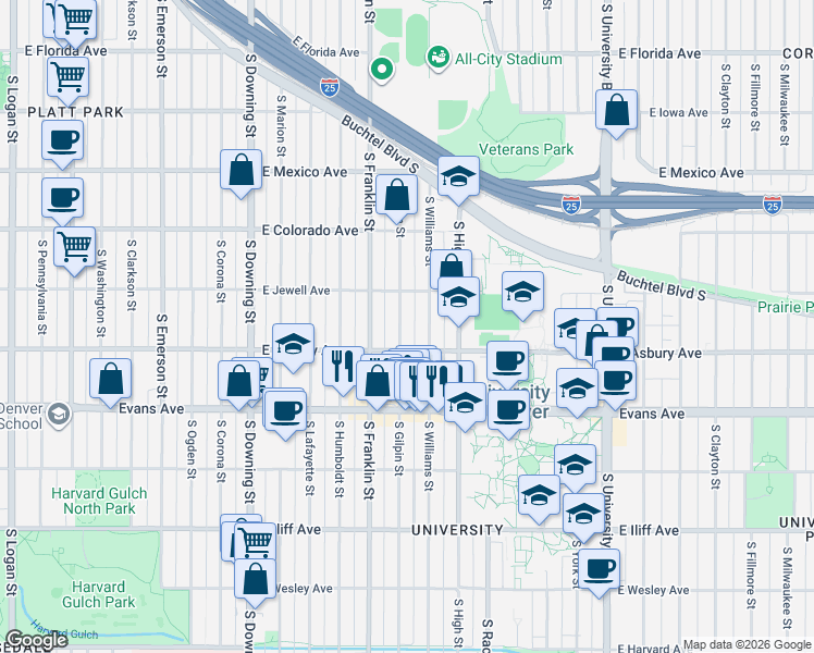 map of restaurants, bars, coffee shops, grocery stores, and more near 1960 South Gilpin Street in Denver
