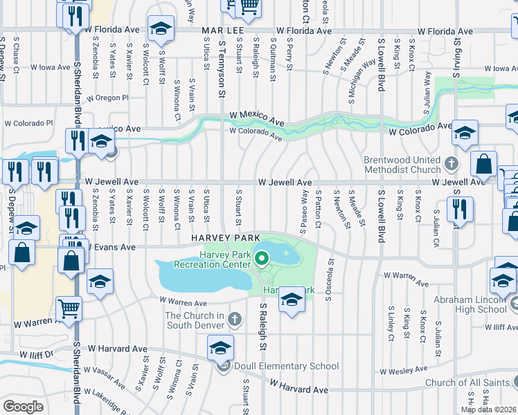 map of restaurants, bars, coffee shops, grocery stores, and more near 2008 South Raleigh Street in Denver