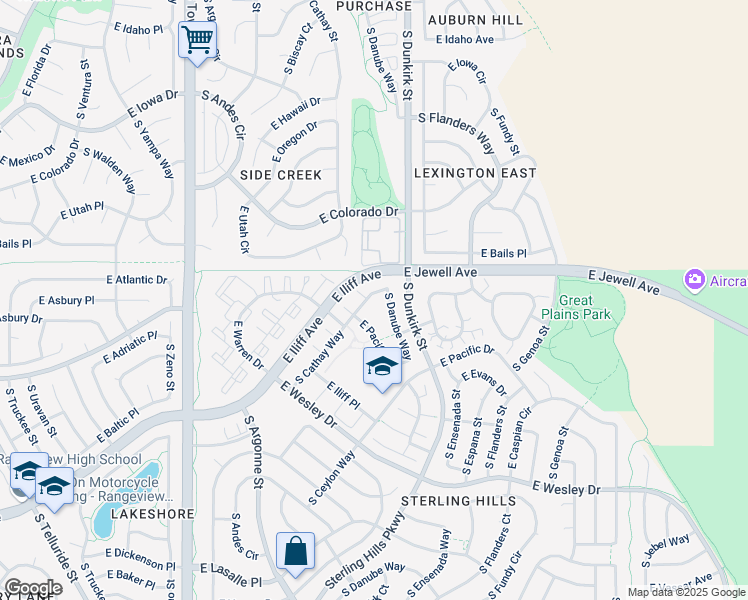map of restaurants, bars, coffee shops, grocery stores, and more near 1922 South Cathay Way in Aurora
