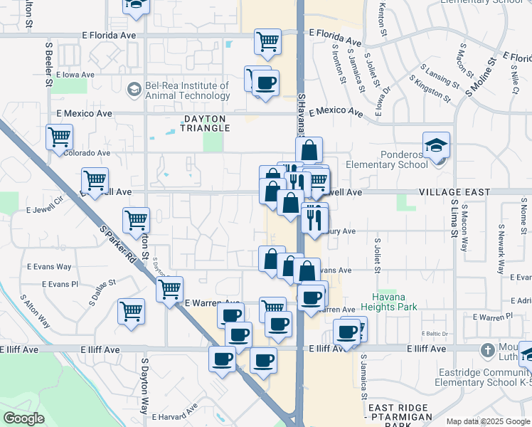 map of restaurants, bars, coffee shops, grocery stores, and more near 91 East Jewell Avenue in Aurora