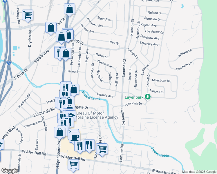 map of restaurants, bars, coffee shops, grocery stores, and more near 4869 Delba Drive in Dayton