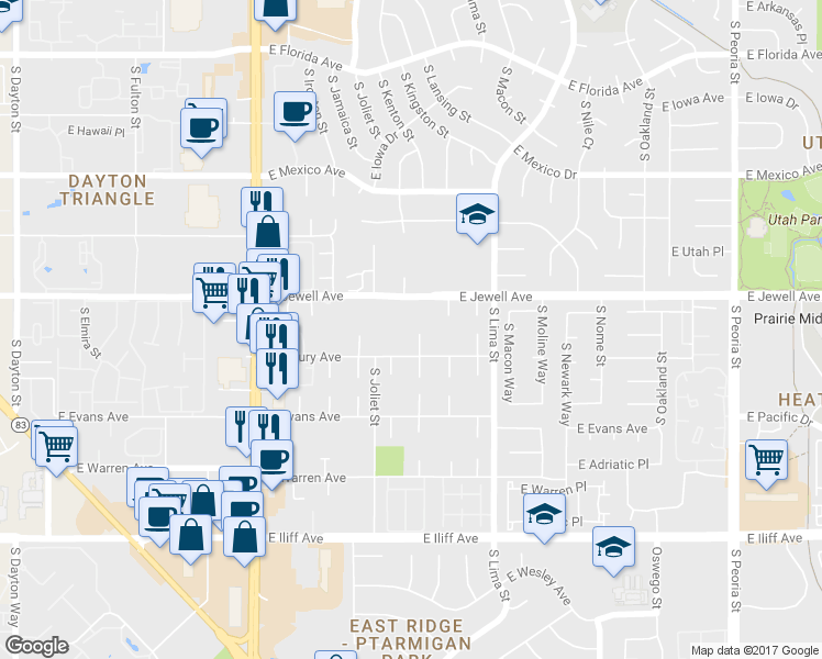 map of restaurants, bars, coffee shops, grocery stores, and more near 1963 South Kenton Court in Aurora