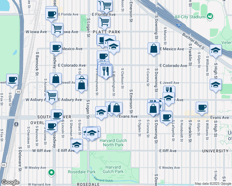 map of restaurants, bars, coffee shops, grocery stores, and more near 1960 South Washington Street in Denver